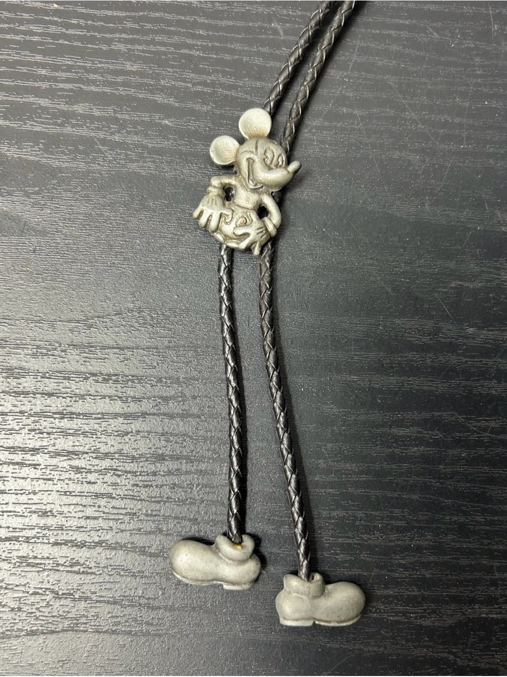 Vintage Disney Black Braided Leather Bolo Tie with Silver Mickey Charm